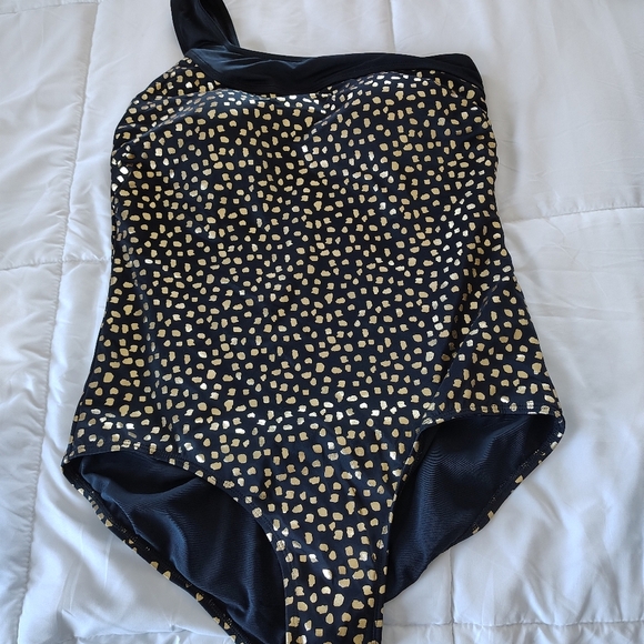 Swimsuits For All Black One Shoulder Gold Speckled One Piece Bathing Suit 16 - Picture 6 of 11